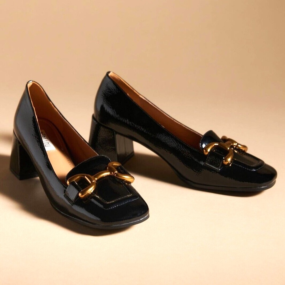 Bibi Lou Anthropologie Valencia Heeled Loafer Buckle Patent Leather Size 7.5